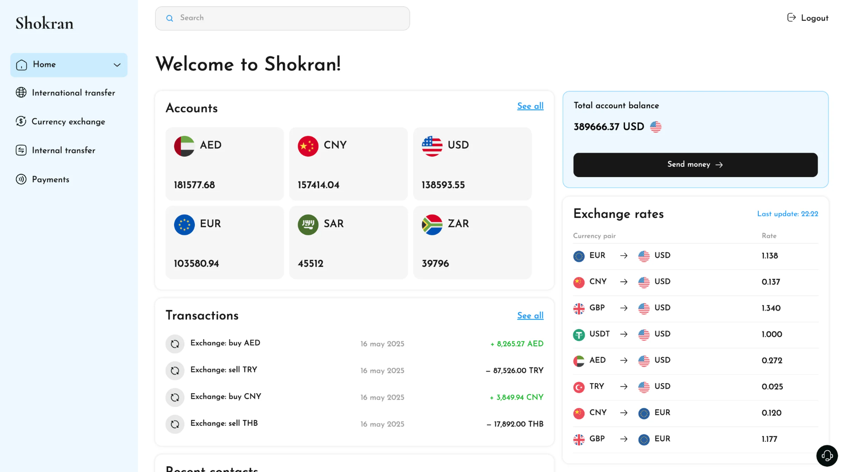 Shokran digital banking dashboard showing AED business account interface with transaction history, account balance, and payment features for UAE entrepreneurs