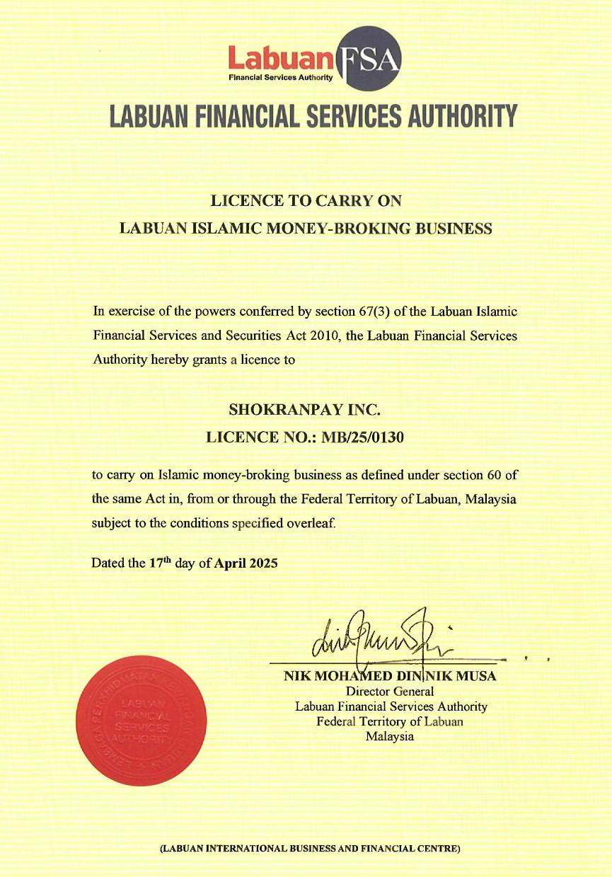 Official Labuan Financial Services Authority banking license certificate showing Shokran's regulated status for UAE AED business banking services