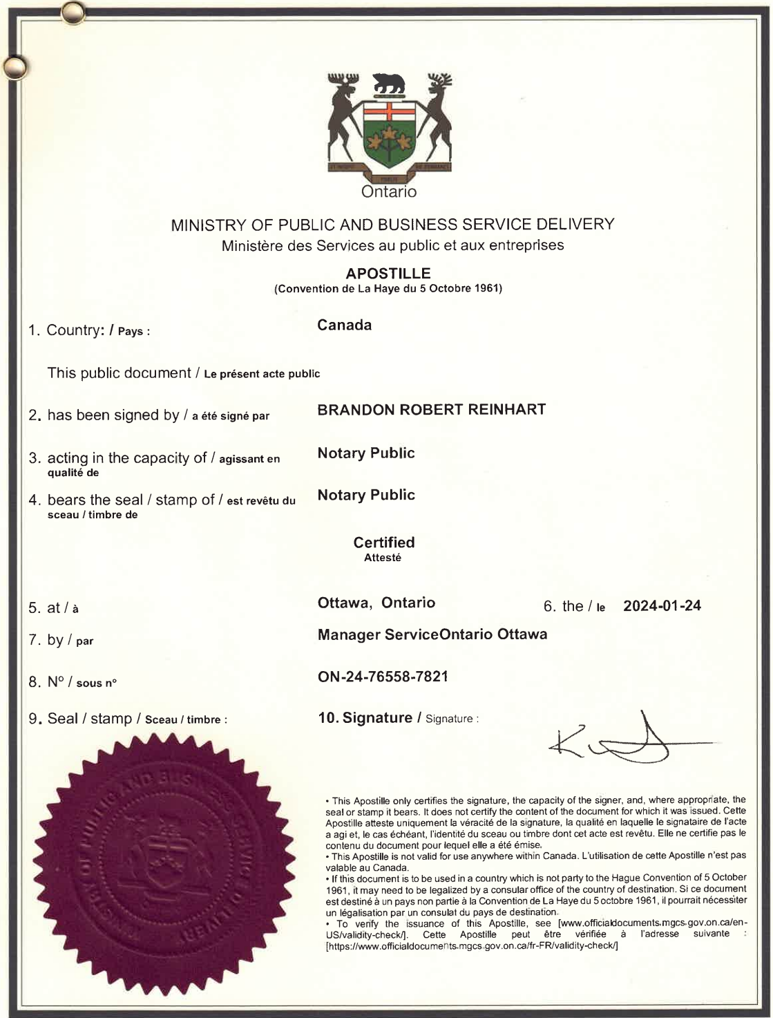 Ontario Ministry apostille authentication document validating Shokran's international banking compliance and regulatory approvals